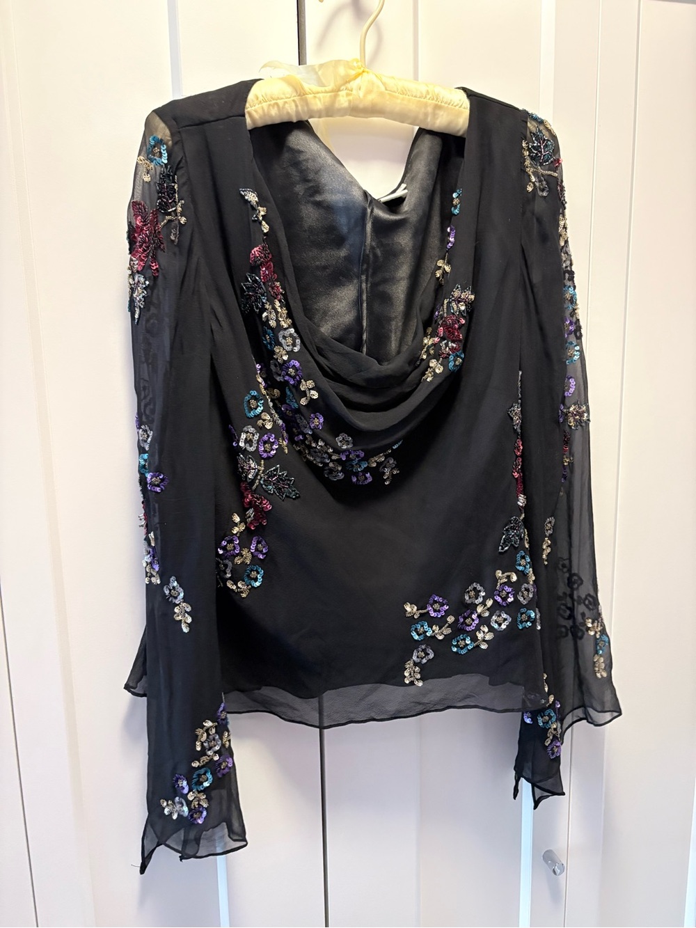 Silk stunning Black Beaded Cowl-Neck Women's blouse floral
